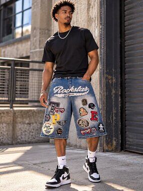 Rockstar Original Bautista Patchwork Rhinestone Denim Jorts NWT 34